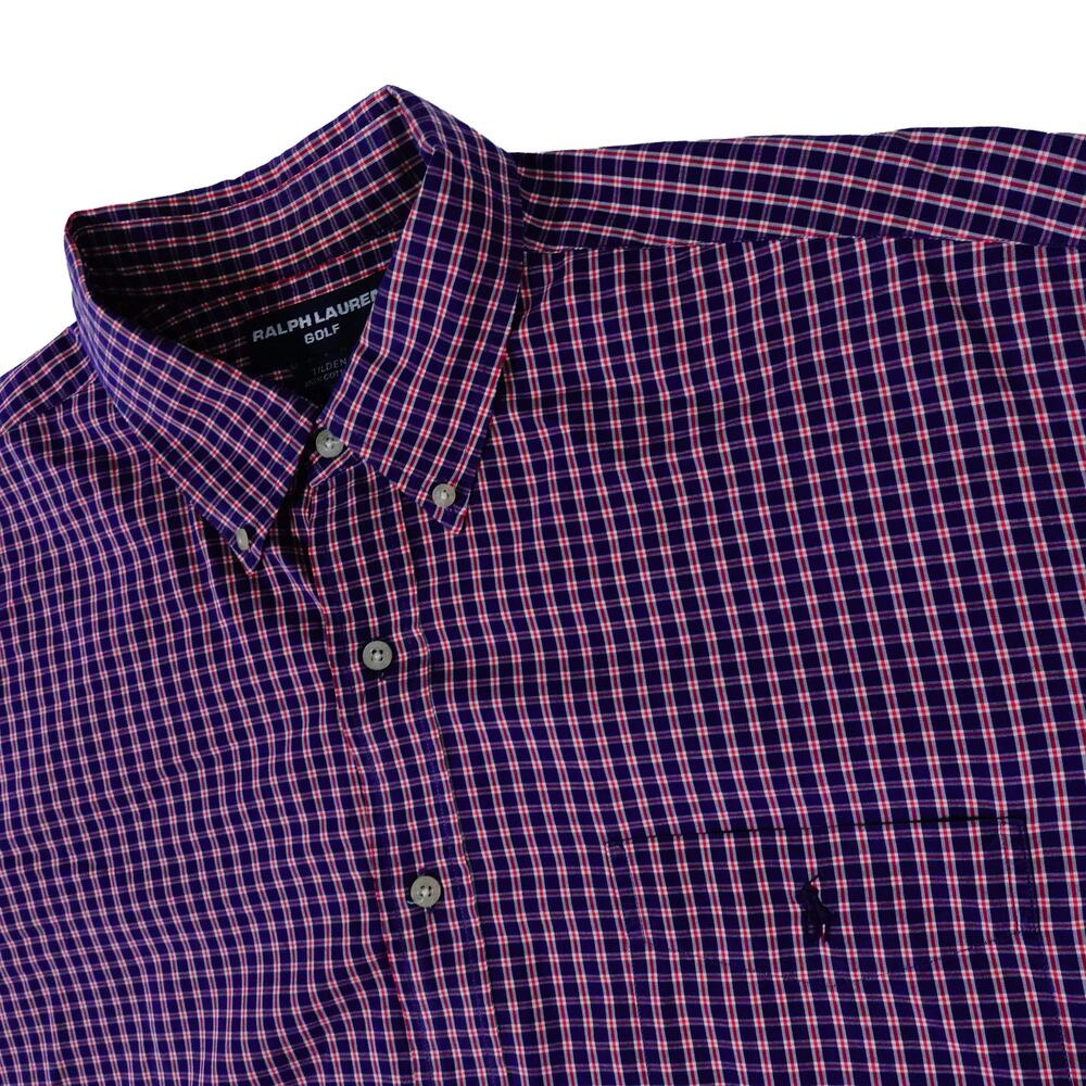 Ralph Lauren Golf Tilden Vintage Plaid Button Up Short Sleeve Made USA Shirt XXL